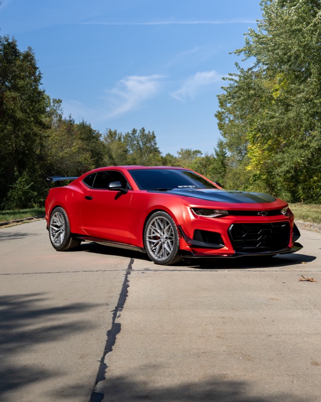 Red Chevrolet Camaro ZL1, front three-quarter view