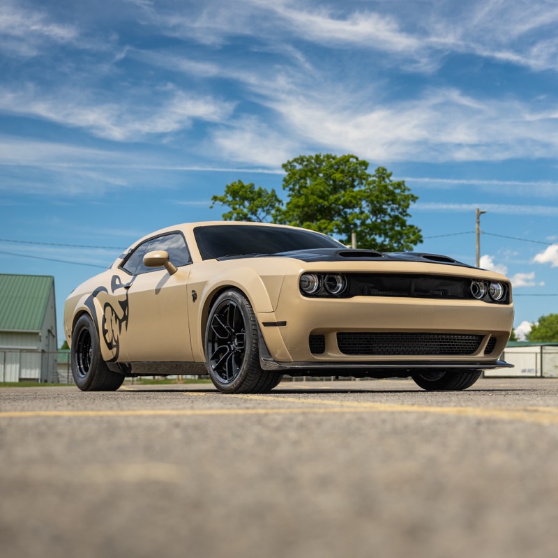 Tan Widebody Hellcat, low front three-quarter view